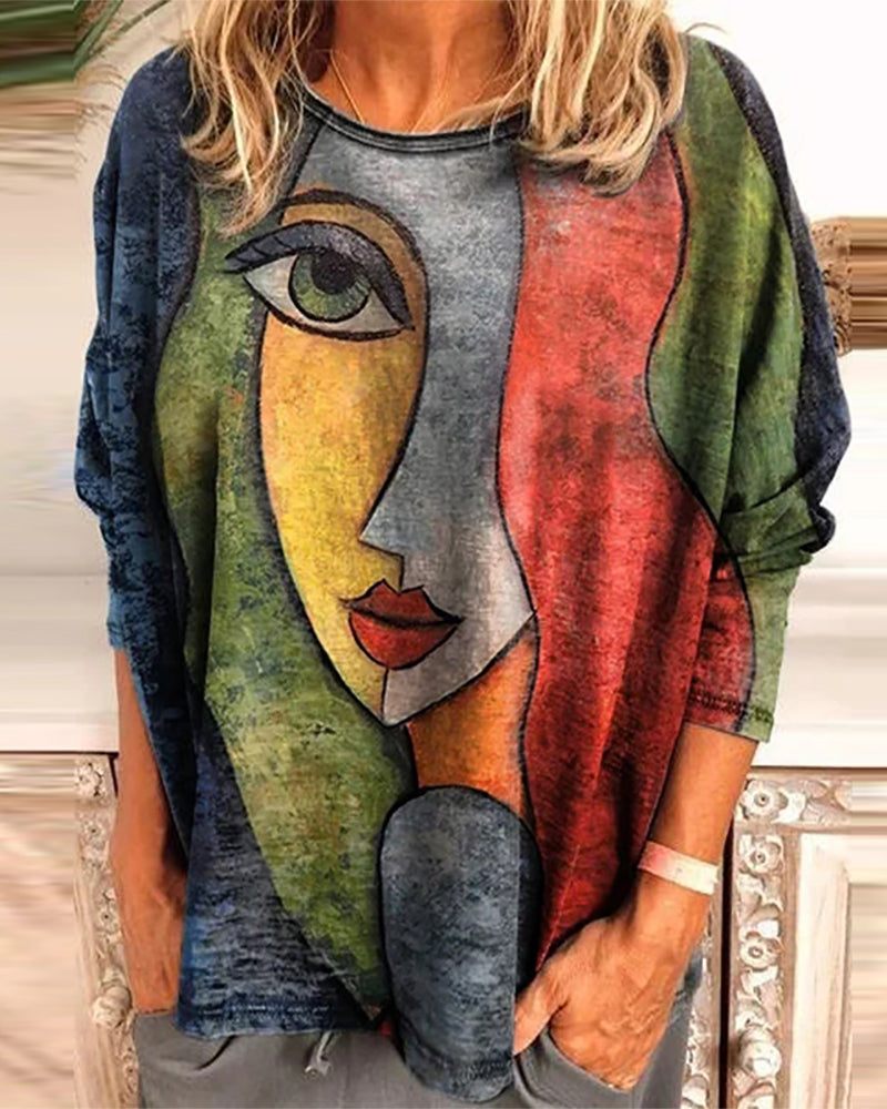 Lavinia | Women's face print - loose long sleeve blouse
