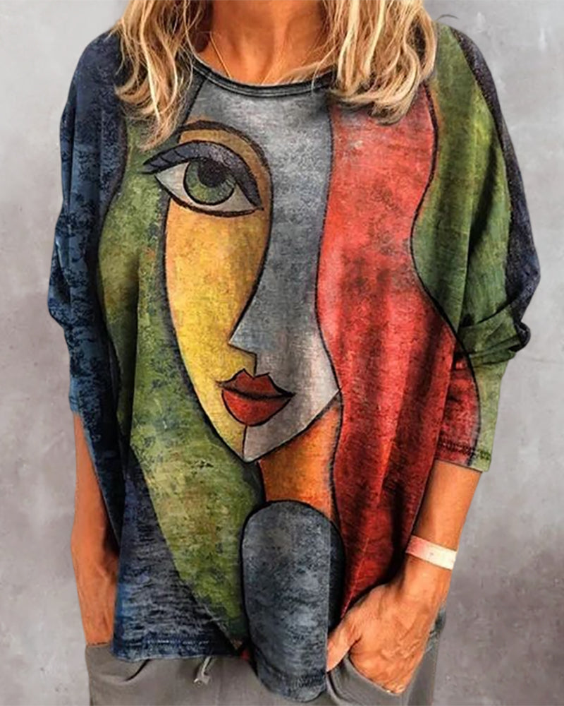 Lavinia | Women's face print - loose long sleeve blouse