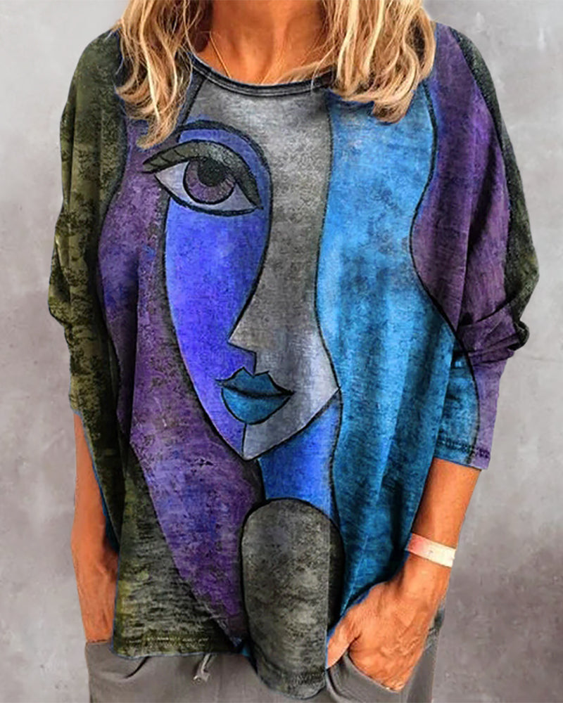 Lavinia | Women's face print - loose long sleeve blouse