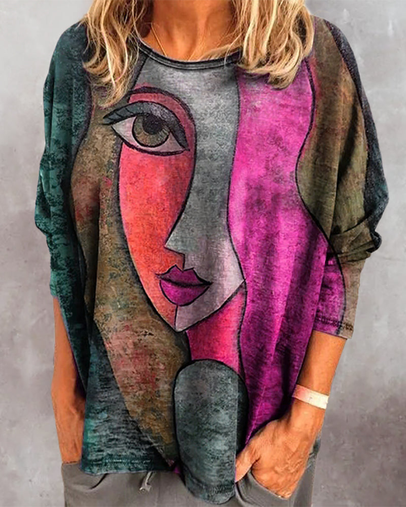 Lavinia | Women's face print - loose long sleeve blouse