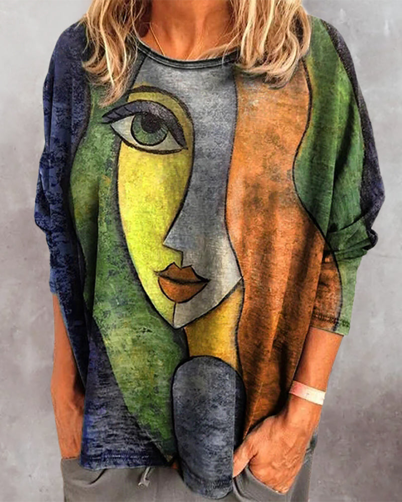 Lavinia | Women's face print - loose long sleeve blouse