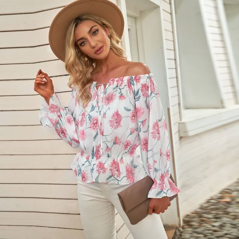 Floral Women's Chiffon Blouse with Ruffle Sleeves – Elvira