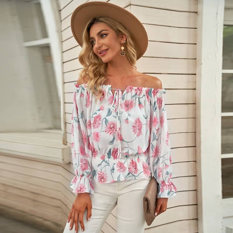 Floral Women's Chiffon Blouse with Ruffle Sleeves – Elvira