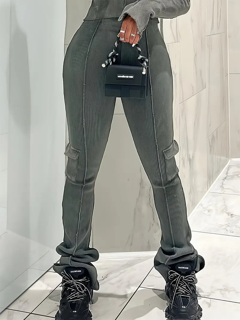 Paulina - Casual high waist ribbed trousers