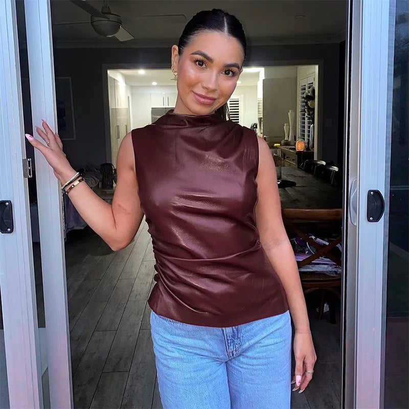 Women's Sleeveless Leather Top in Bordeaux with Slim Fit – Nila