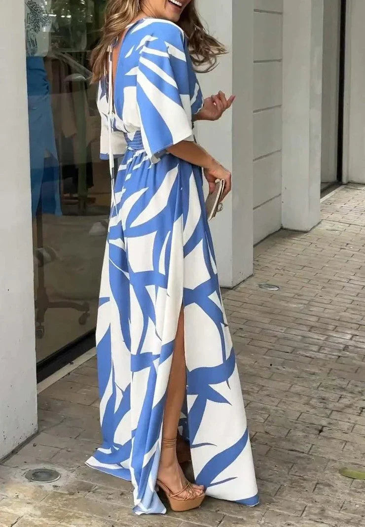 Emma – Blue Printed Maxi Dress with 3/4 Sleeves