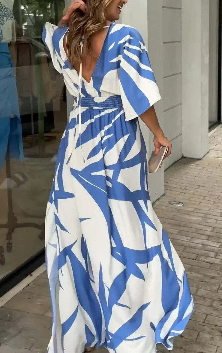 Emma – Blue Printed Maxi Dress with 3/4 Sleeves