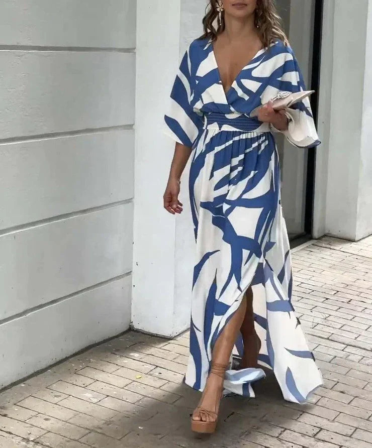 Emma – Blue Printed Maxi Dress with 3/4 Sleeves