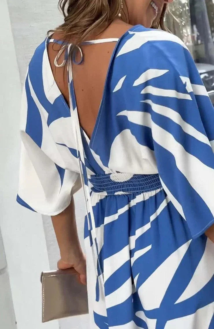 Emma – Blue Printed Maxi Dress with 3/4 Sleeves