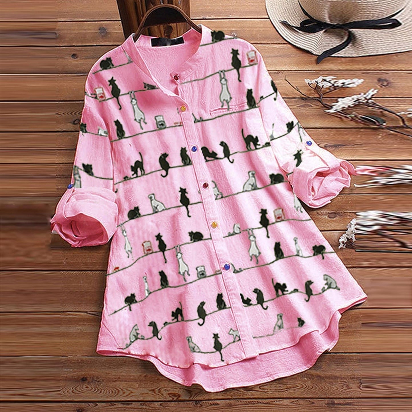 Light Women's Blouse with Cat Motif & Button Placket – Kaja