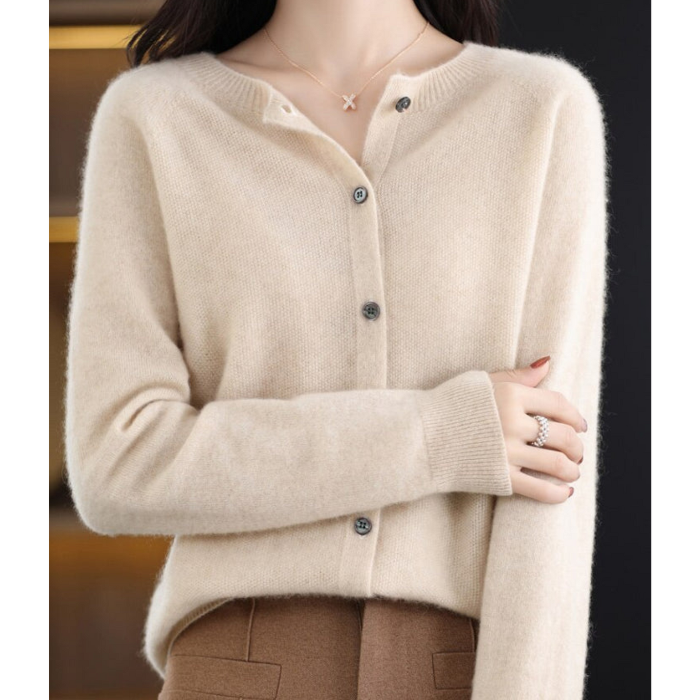 Pure Merino Wool Women's O-neck Cardigan Cashmere Sweater