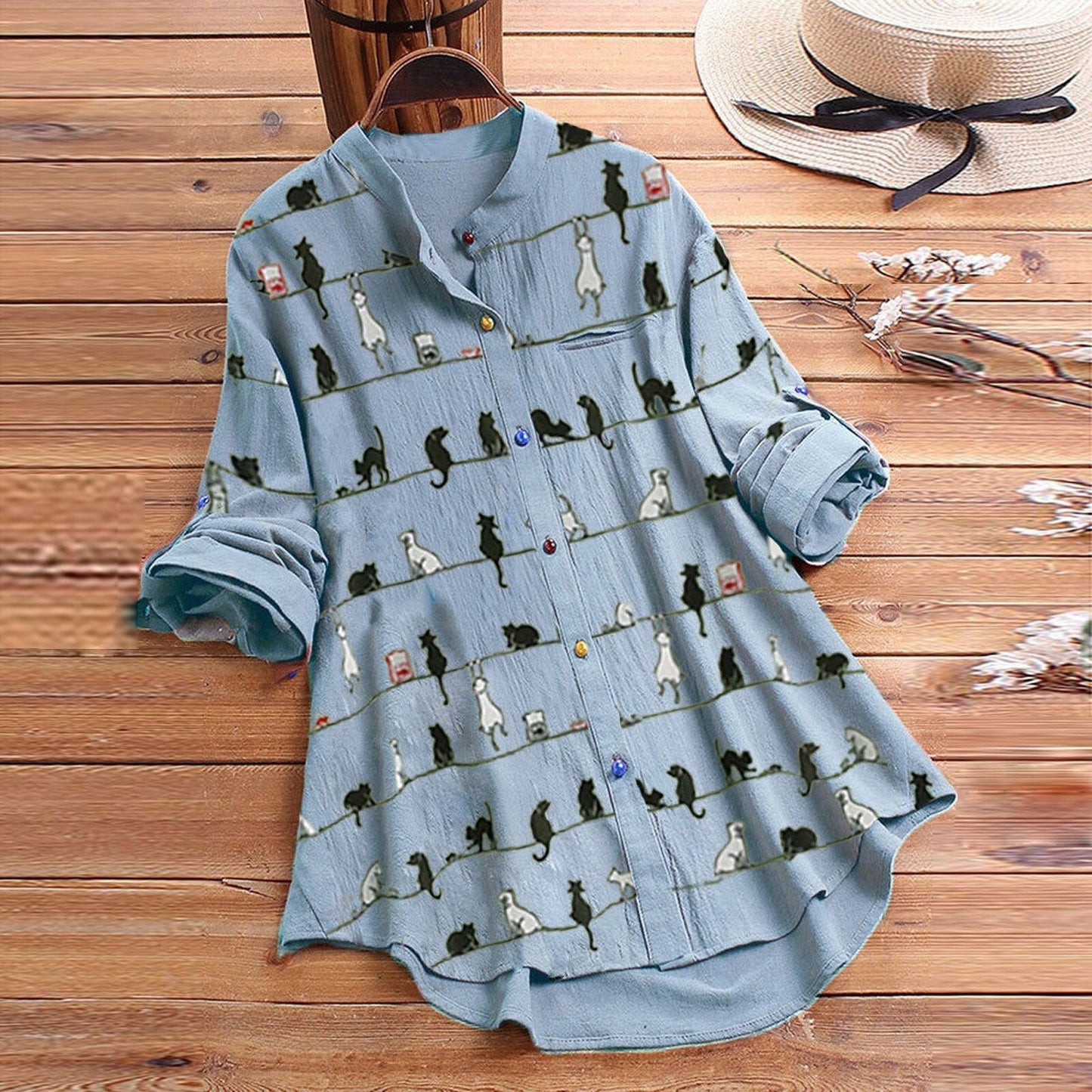 Light Women's Blouse with Cat Motif & Button Placket – Kaja