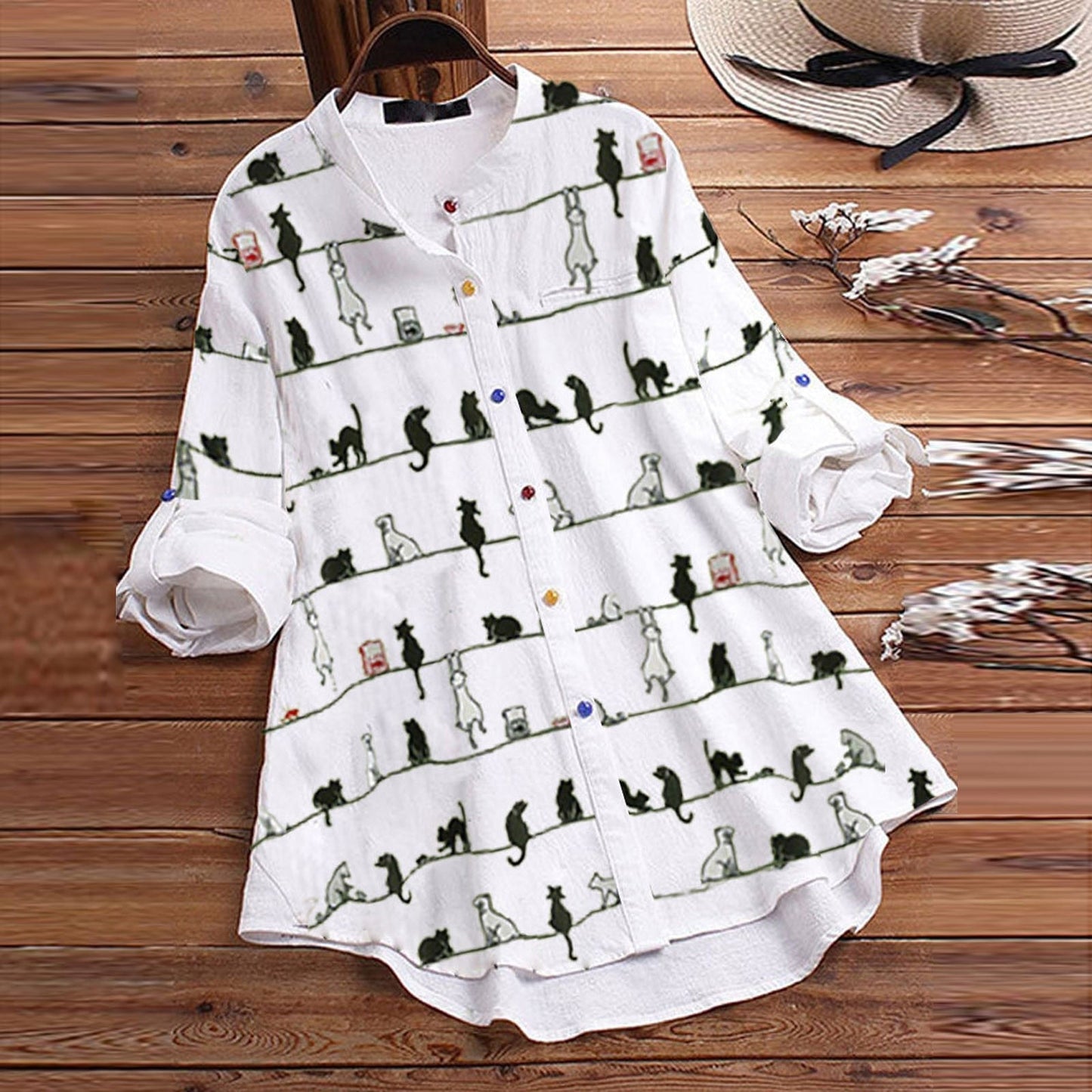 Light Women's Blouse with Cat Motif & Button Placket – Kaja