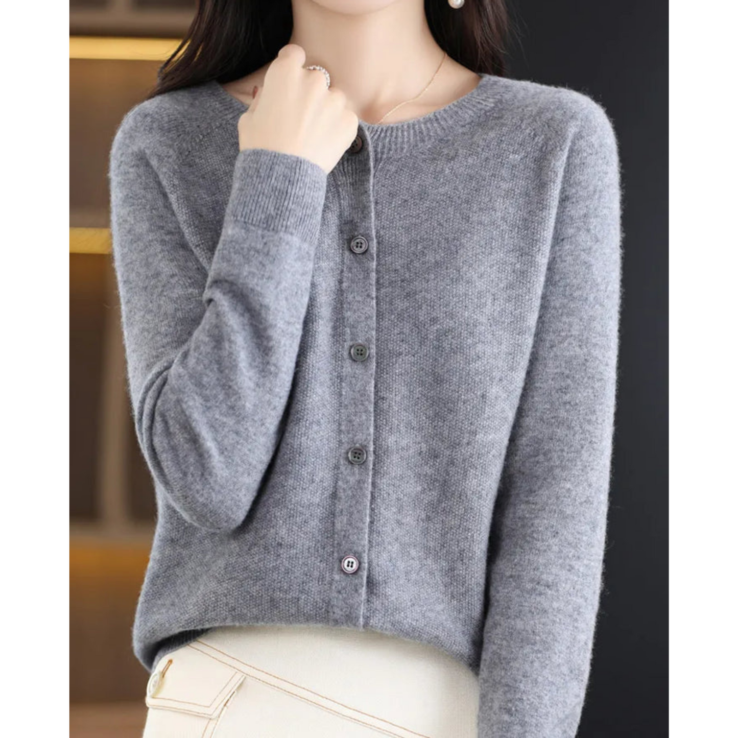 Pure Merino Wool Women's O-neck Cardigan Cashmere Sweater