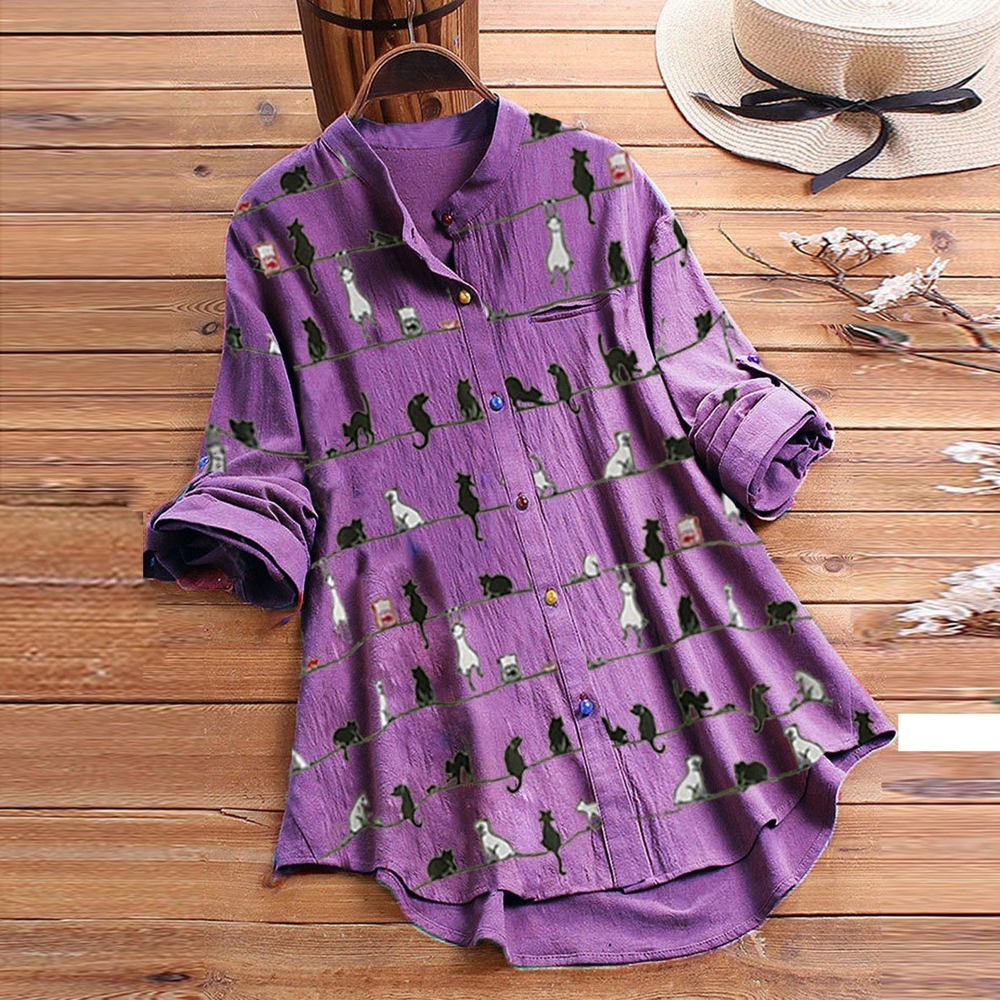 Light Women's Blouse with Cat Motif & Button Placket – Kaja