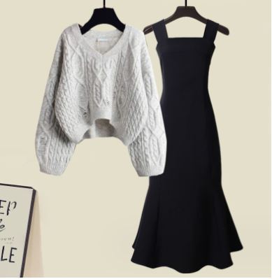 Stacey - Two-piece set of high quality cross-knit sweater and fishtail dress