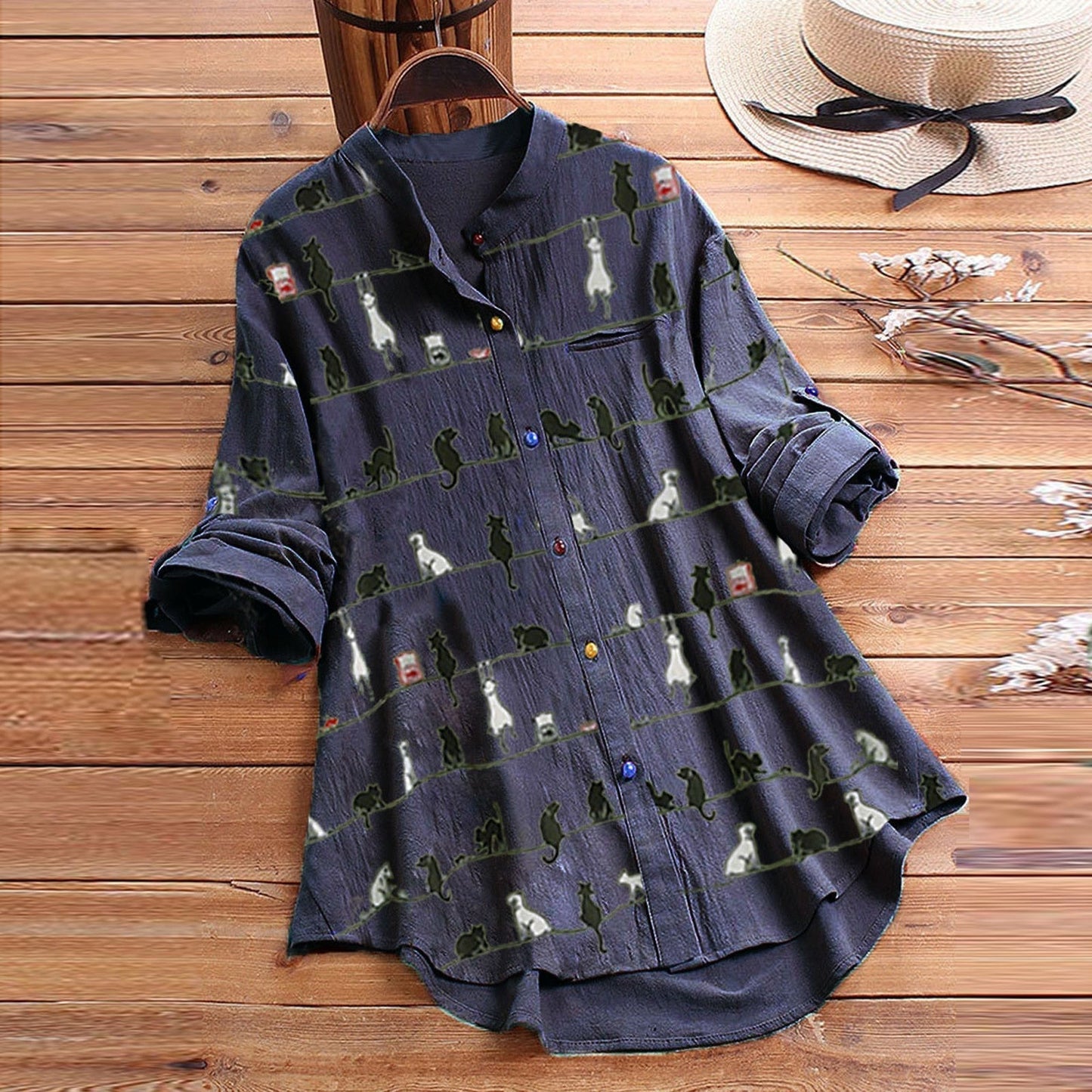 Light Women's Blouse with Cat Motif & Button Placket – Kaja
