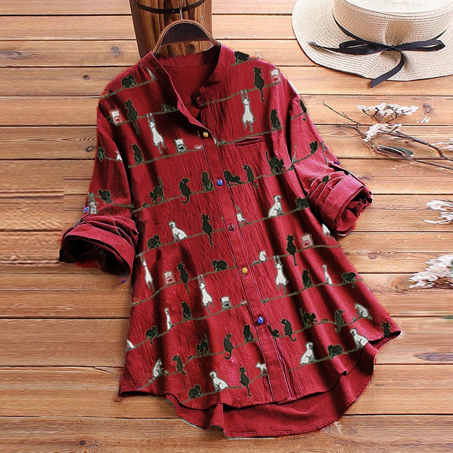 Light Women's Blouse with Cat Motif & Button Placket – Kaja