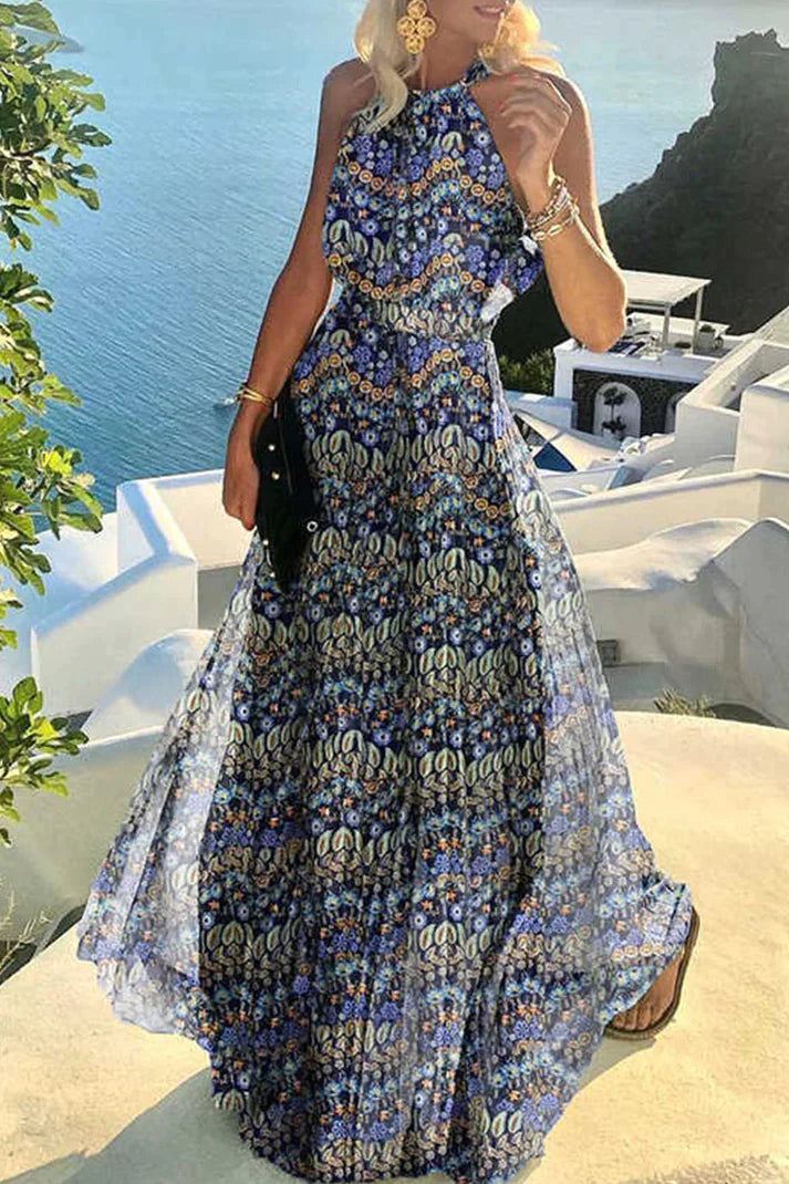 Cassey - Bohemian Print Patchwork Halter Pleated Dresses