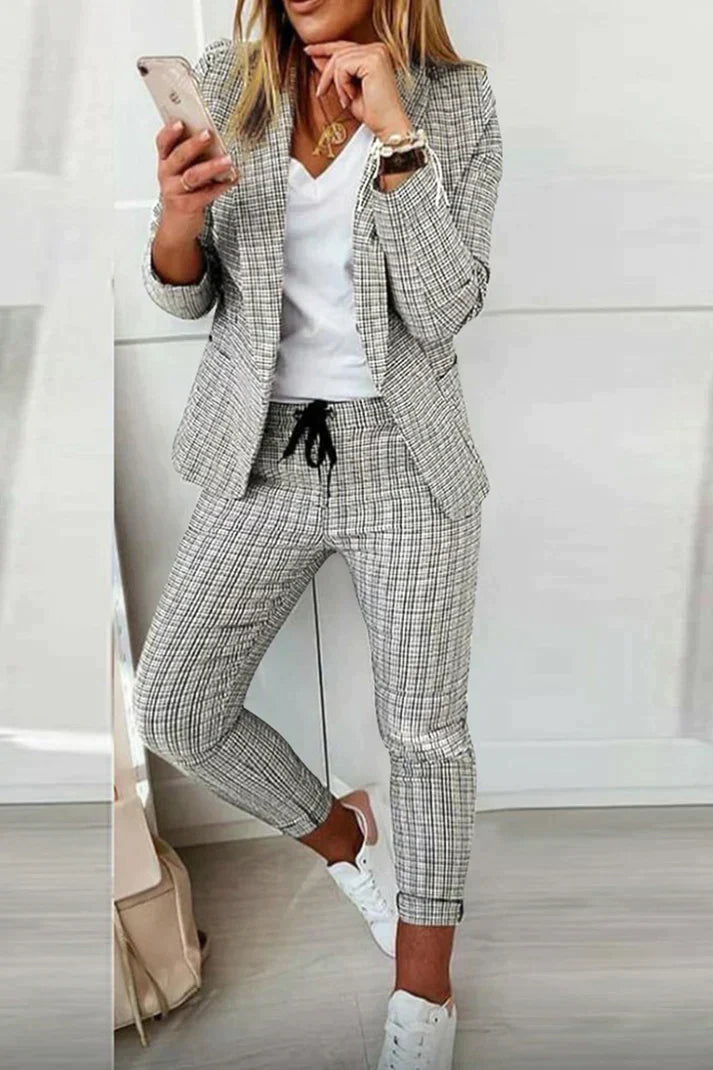 Olivine - Casual Checked Long Sleeve Two Piece Set