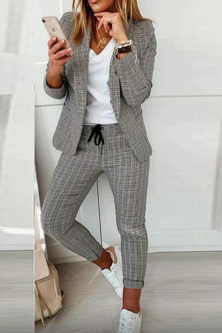 Olivine - Casual Checked Long Sleeve Two Piece Set