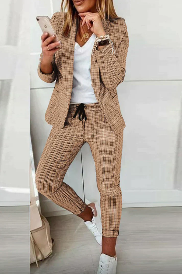 Olivine - Casual Checked Long Sleeve Two Piece Set