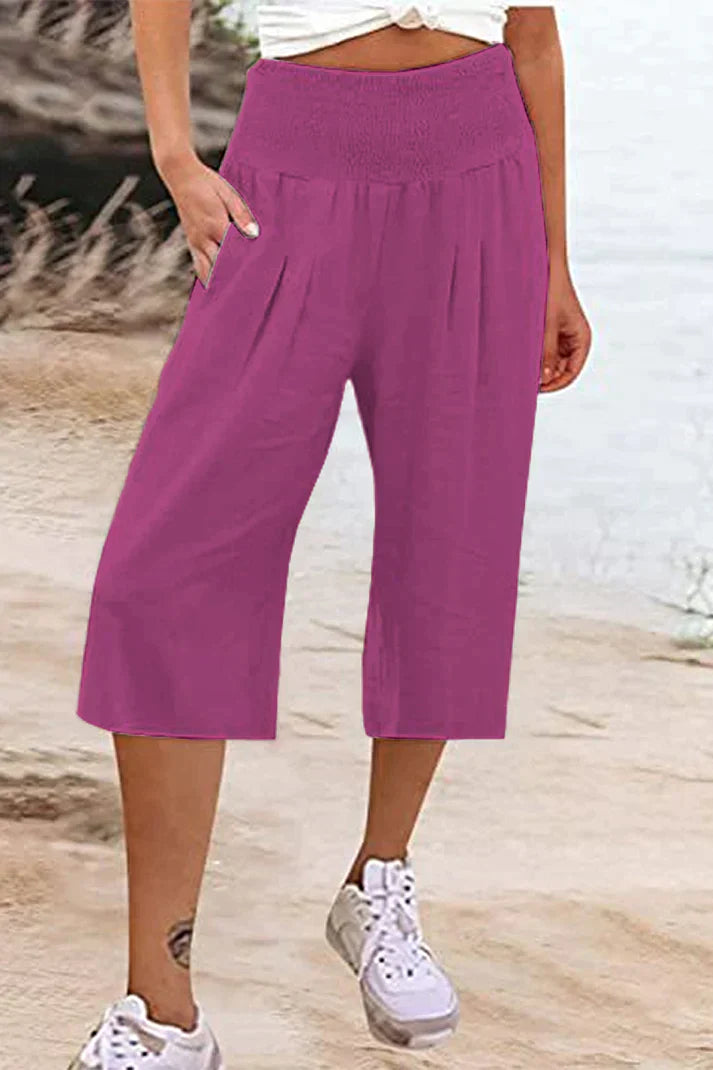 Amelyn - Simple high waisted wide leg trousers, solid colour, mid length