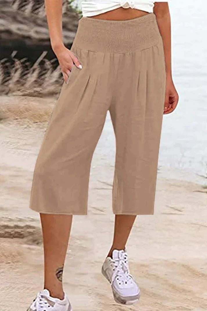 Amelyn - Simple high waisted wide leg trousers, solid colour, mid length
