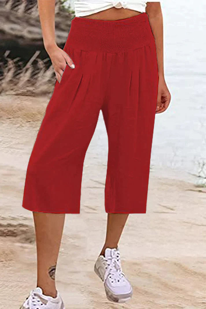 Amelyn - Simple high waisted wide leg trousers, solid colour, mid length