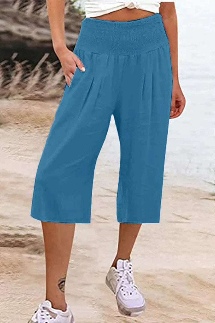 Amelyn - Simple high waisted wide leg trousers, solid colour, mid length