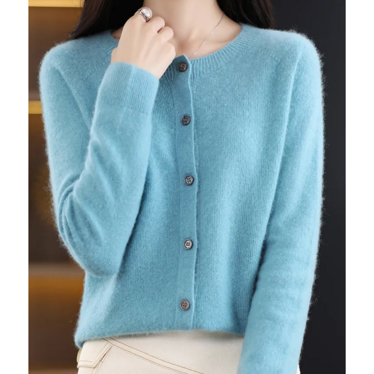 Pure Merino Wool Women's O-neck Cardigan Cashmere Sweater