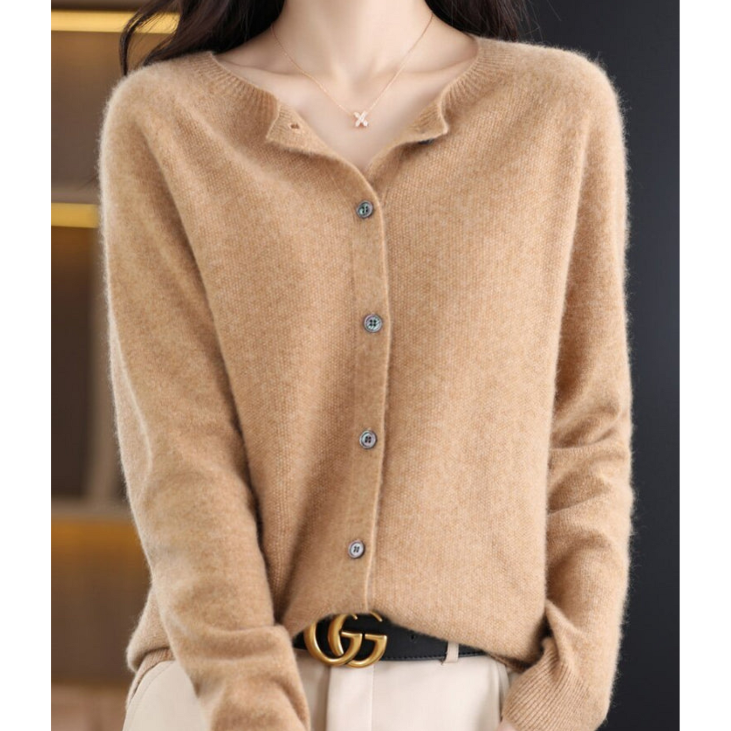 Pure Merino Wool Women's O-neck Cardigan Cashmere Sweater