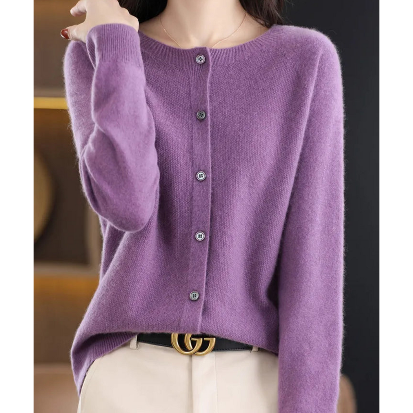 Pure Merino Wool Women's O-neck Cardigan Cashmere Sweater