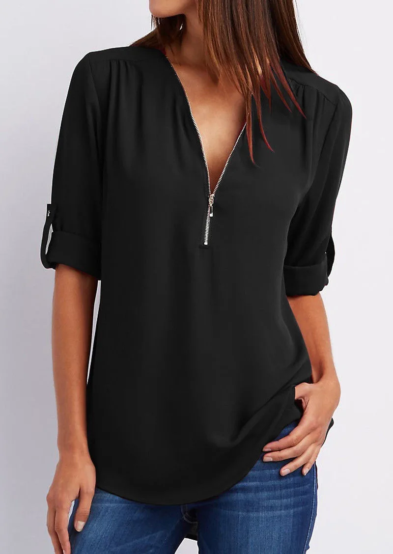 Danijela | V-Neck Blouse - Zip-Up Women's Style