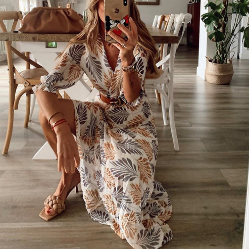 Women's Elegant Maxi Dress: Breezy Summer Dress with Leaf Print, Wrap Style, and V-Neck for Leisure & Vacation