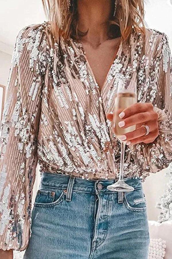 Sparkling & Stylish Women's Glitter V-Neck Long Sleeve Top – Naya