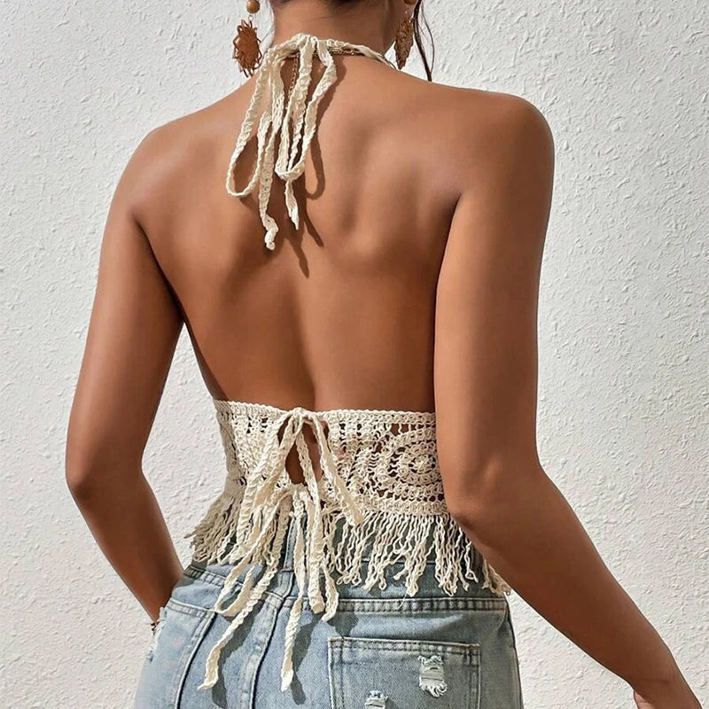 Kaat | Women's Knitted Hollow-Out Tassels Backless Tank Crop Top - Stylish & Trendy Summer Wear