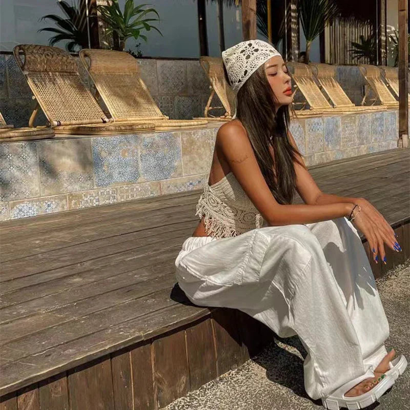 Kaat | Women's Knitted Hollow-Out Tassels Backless Tank Crop Top - Stylish & Trendy Summer Wear