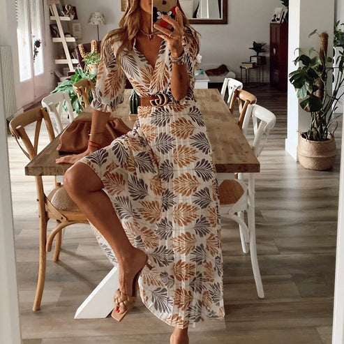 Women's Elegant Maxi Dress: Breezy Summer Dress with Leaf Print, Wrap Style, and V-Neck for Leisure & Vacation