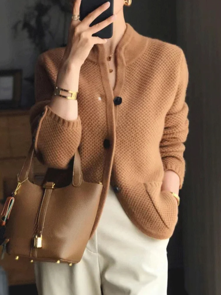 Jasmine - Elegant Knitted Cardigan with High Collar