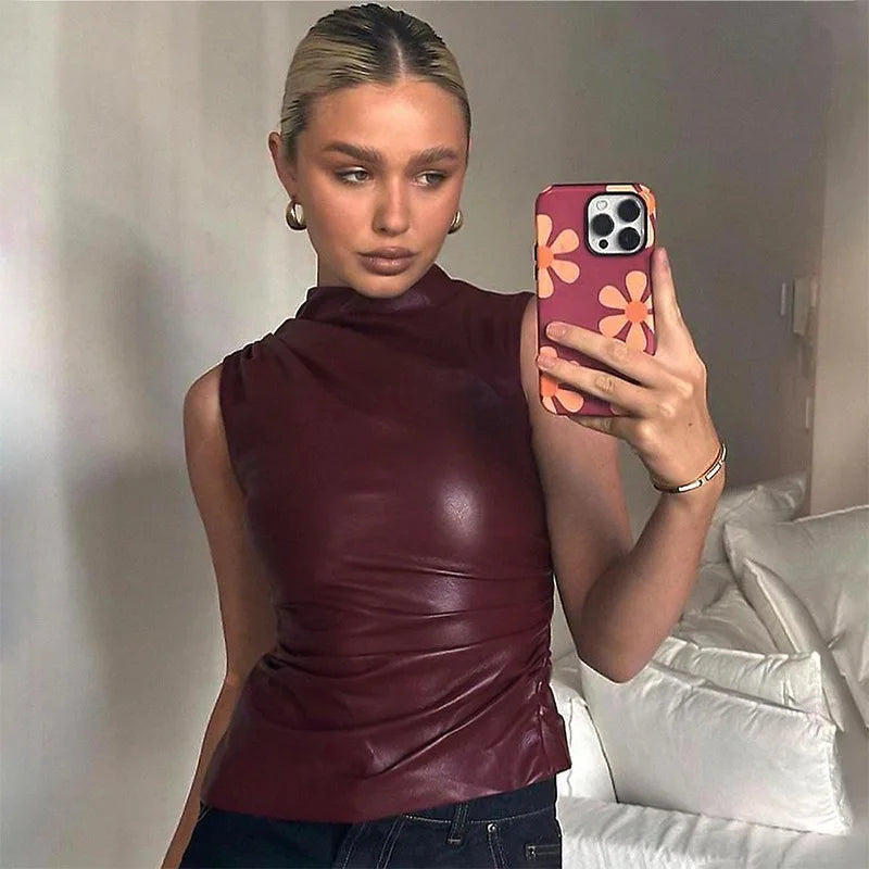 Women's Sleeveless Leather Top in Bordeaux with Slim Fit – Nila
