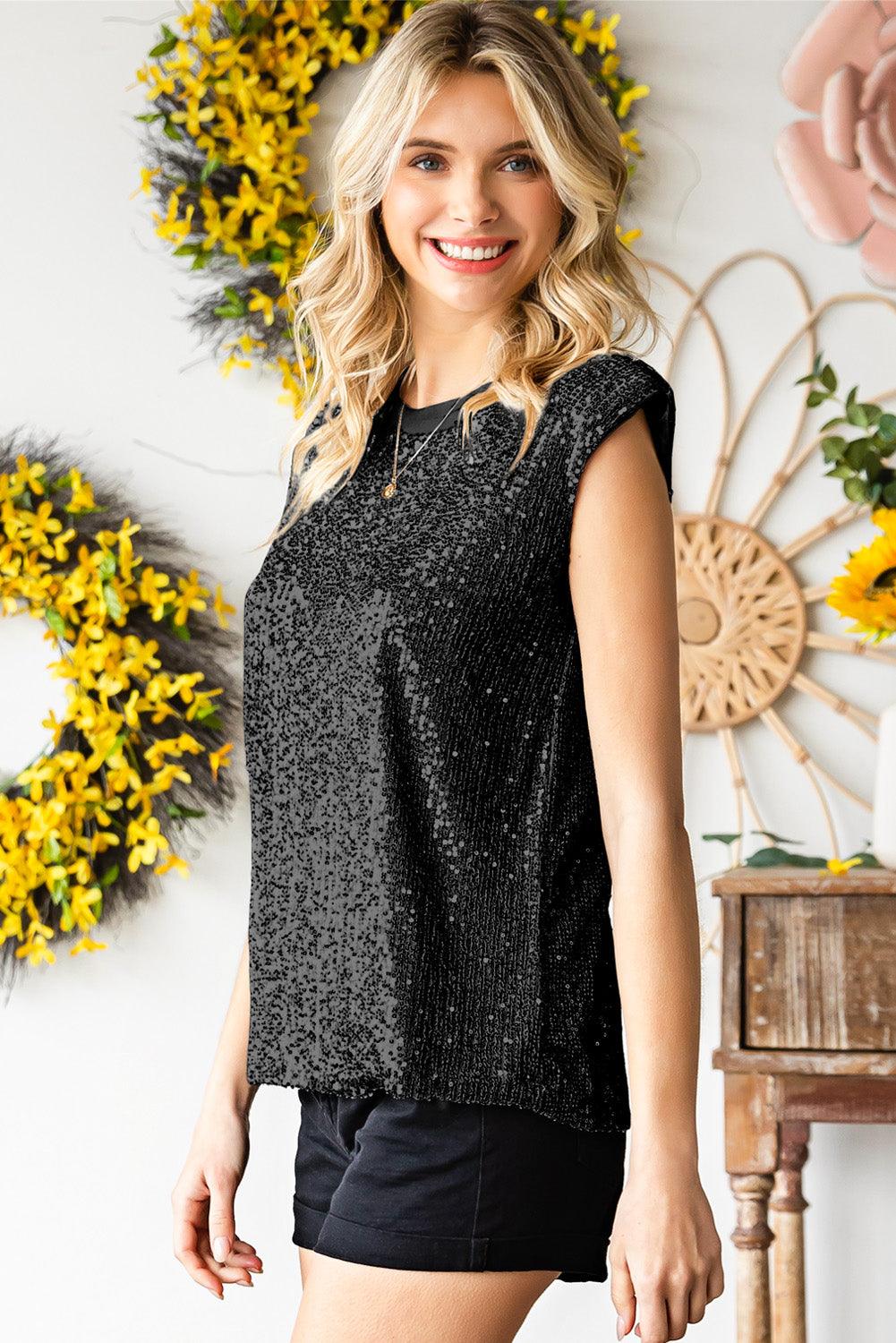 Zoya | Women's Sequin Capped Sleeve Tank Top - Stylish & Shiny