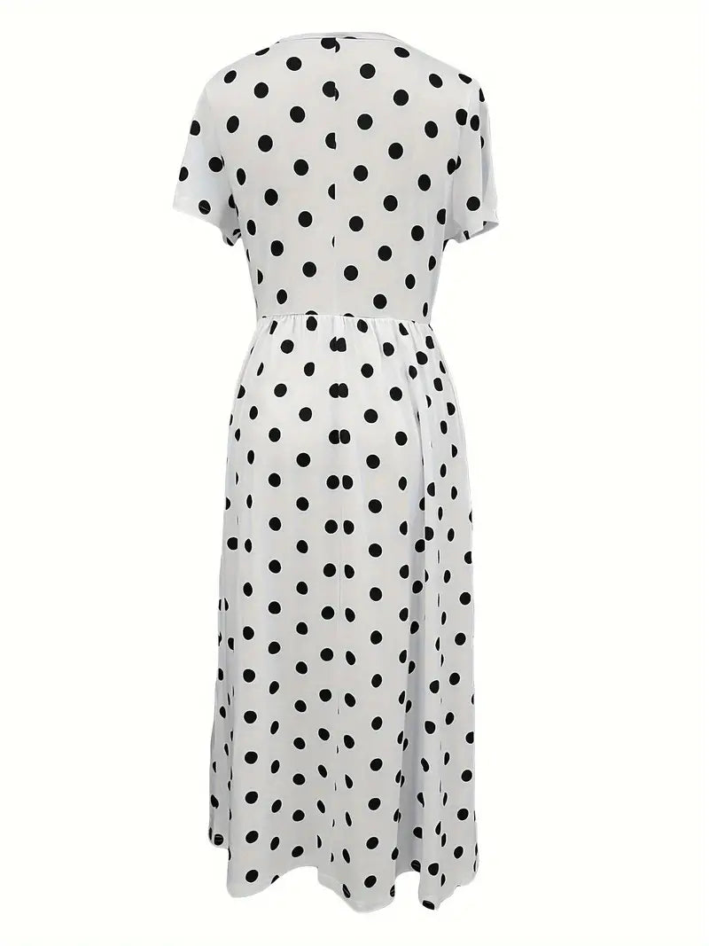 Eleanor – light, short-sleeved, polka-dotted dress with round neckline