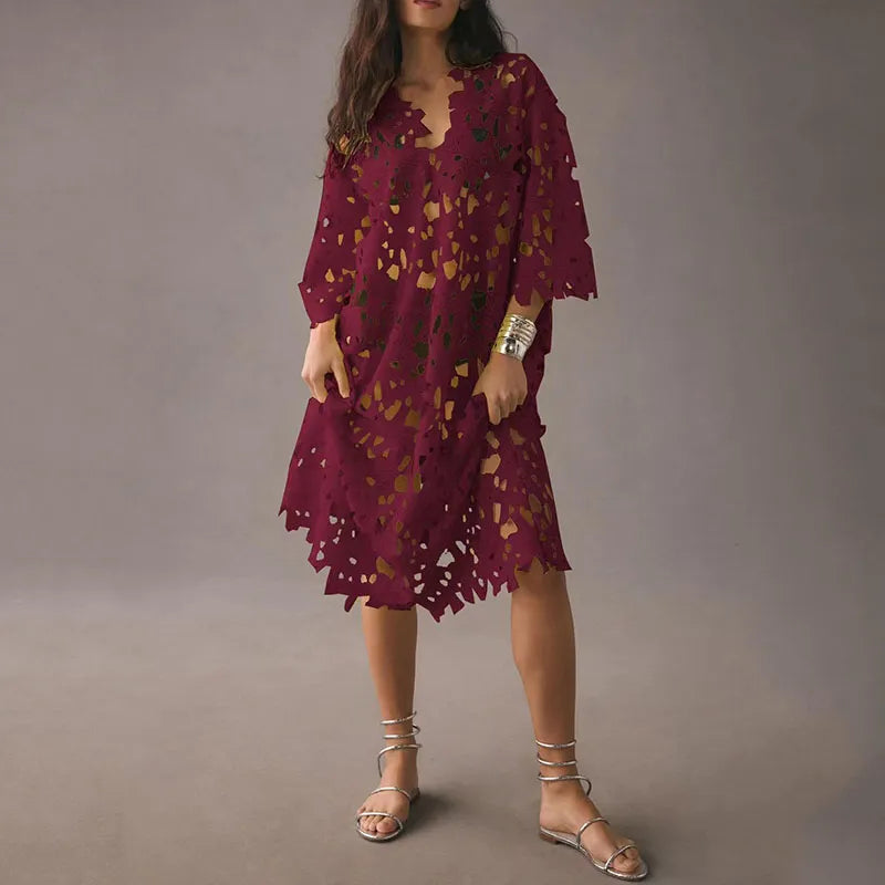 Lenie - Flowered midi dress with eyelet lace