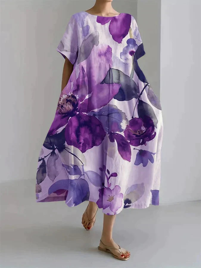Andria - Loose-fitting women's dress with a botanical floral motif