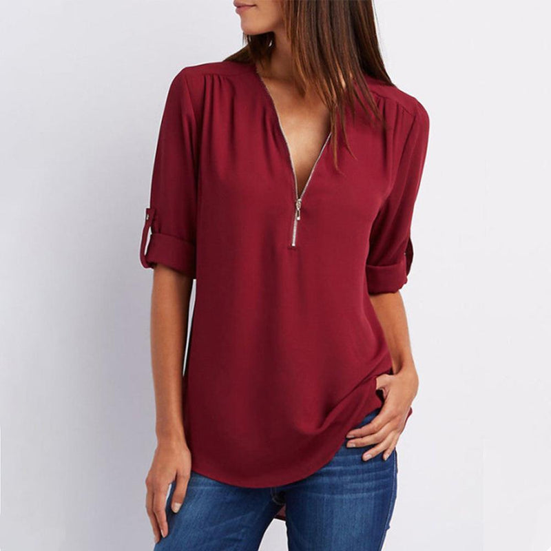 Keshini | Women's Chiffon V-Neck Blouse with Elegant Three-Quarter Sleeves