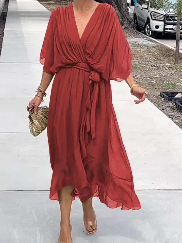 Luisa – green chiffon dress with V-neck
