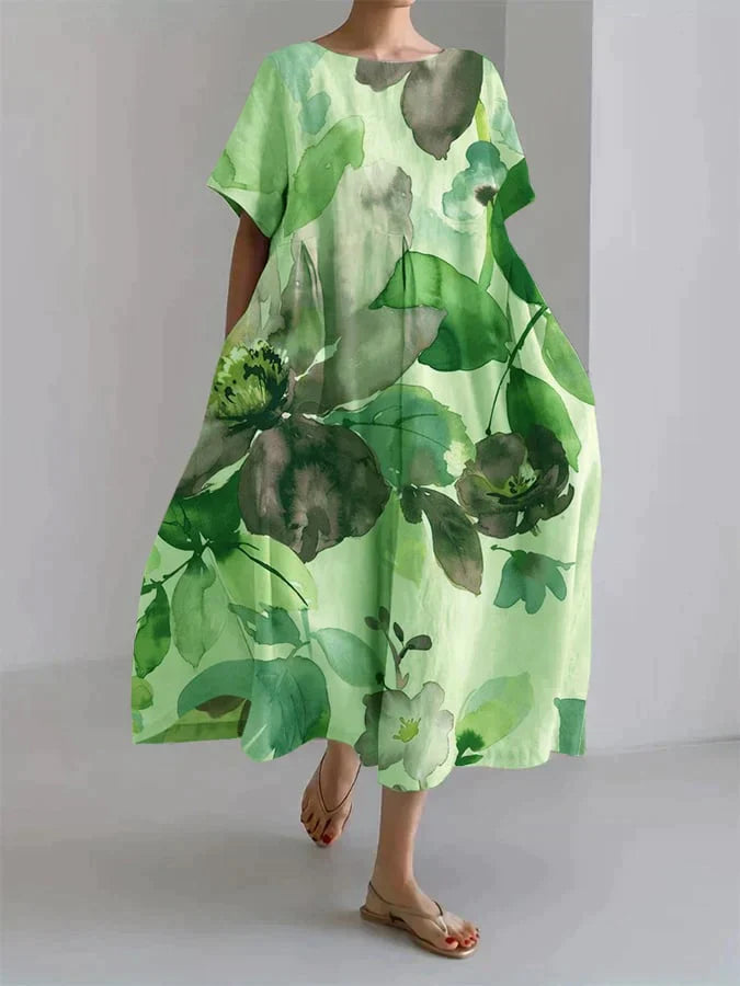 Andria - Loose-fitting women's dress with a botanical floral motif