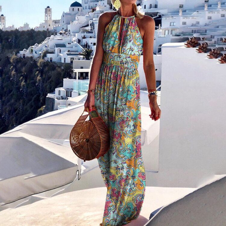 Women's Boho Maxi Dress – Sleeveless Summer Dress with Paisley Pattern and High Waist