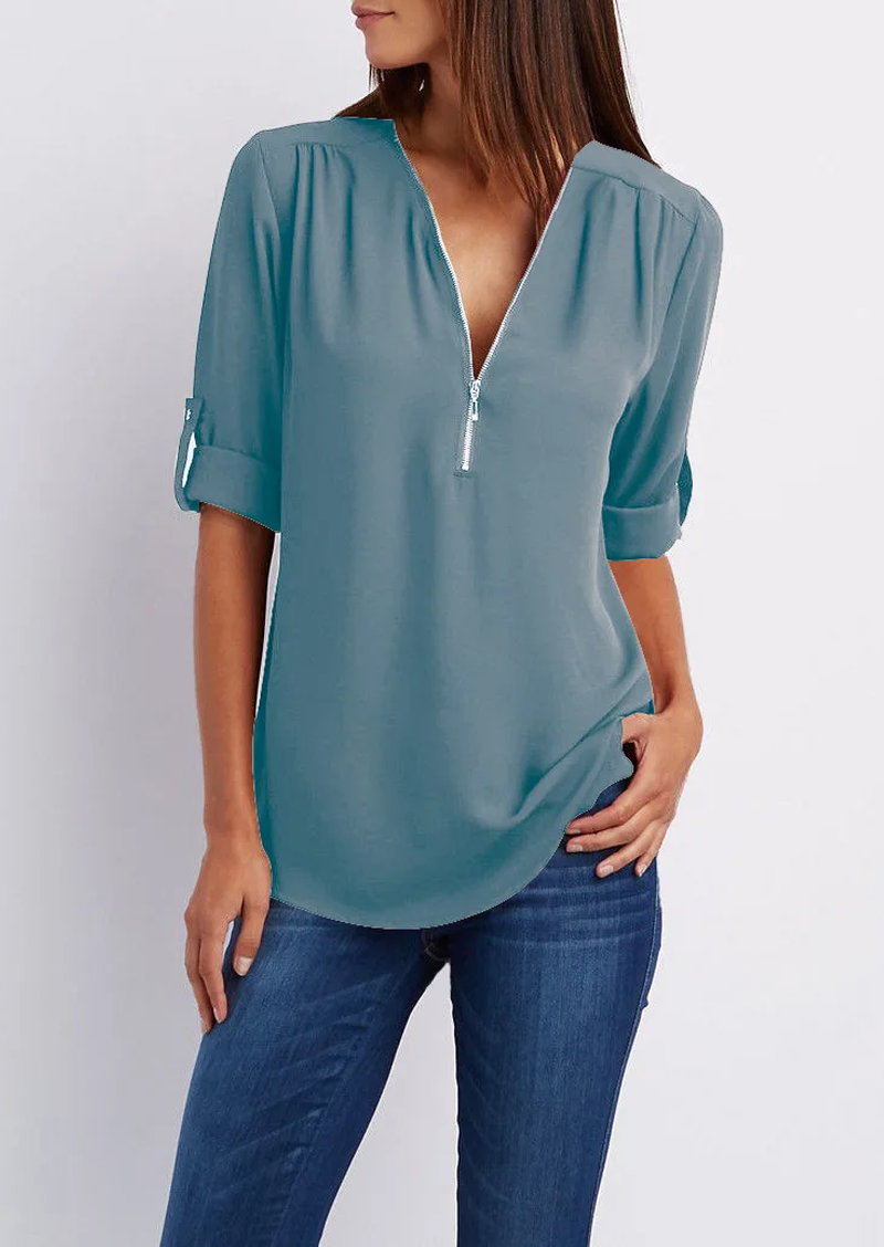Danijela | V-Neck Blouse - Zip-Up Women's Style